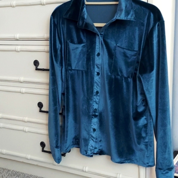 Womens Long Sleeve Lapel Velvet Button Down Shirt Blouse Blue XL - Picture 3 of 7